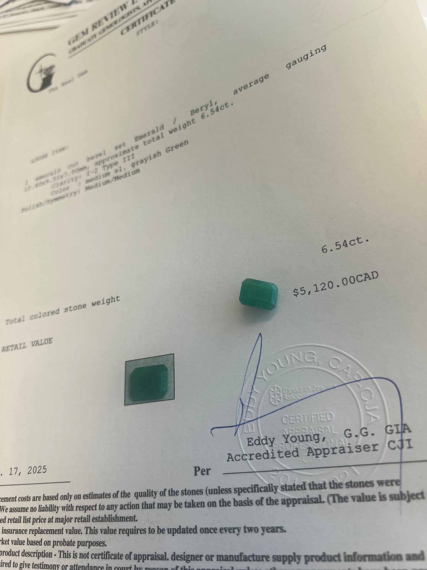 6.54 carats Natural zambian Emerald certified