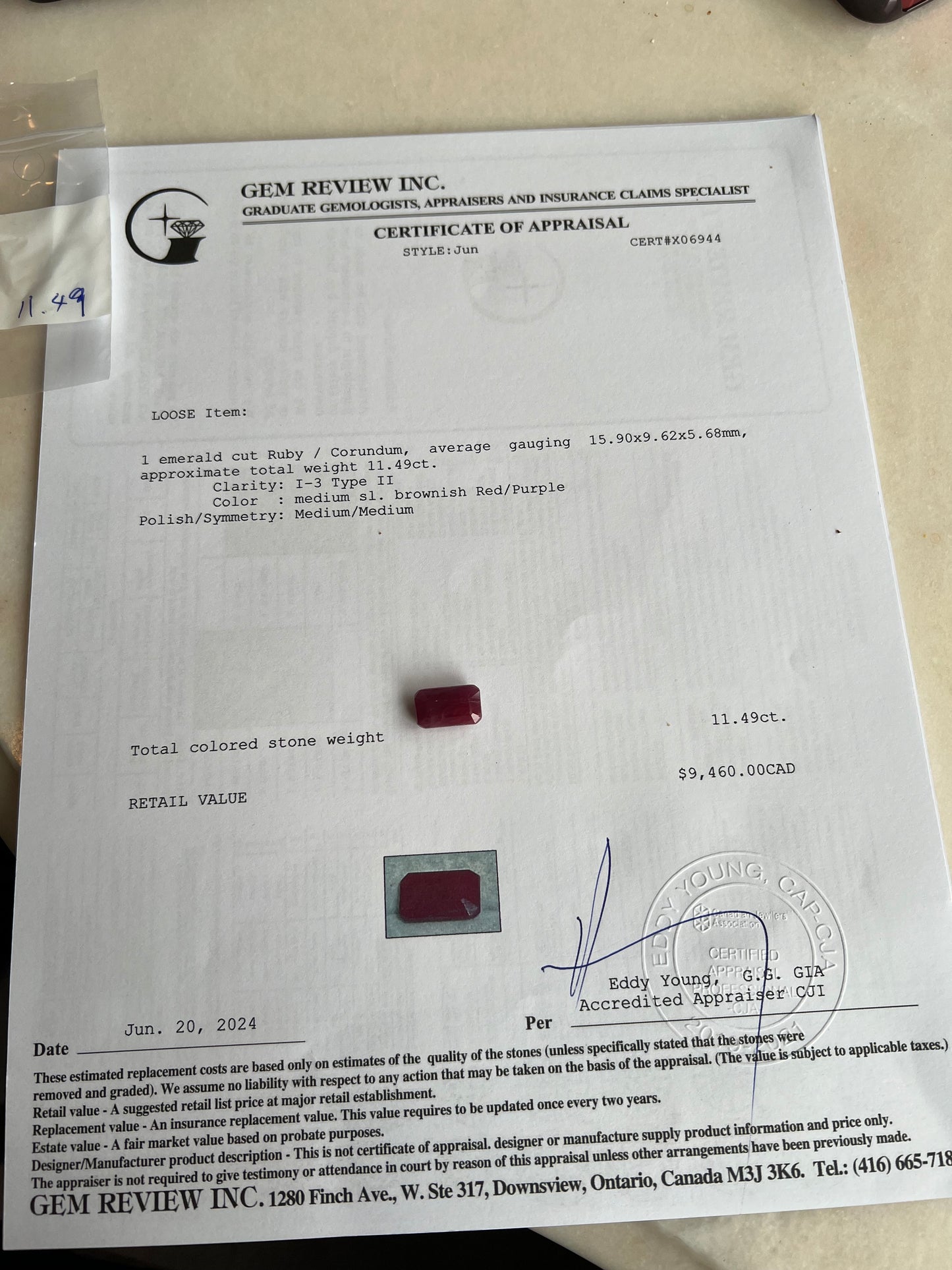 Natural Ruby 11.49 carats oval- emerald cut large gemstone (no-heat) certified