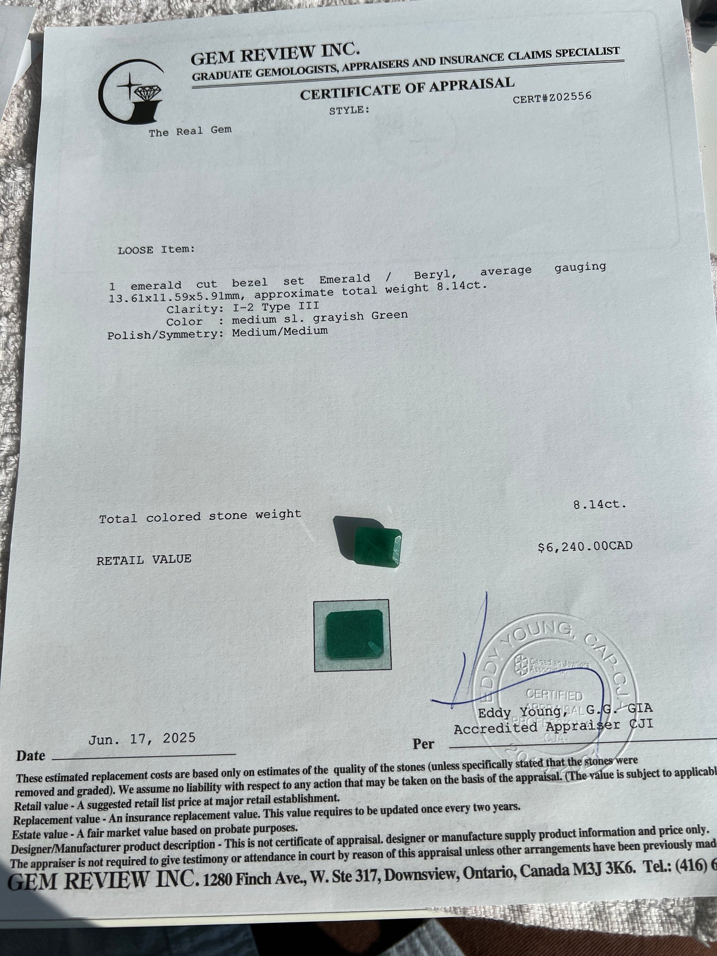 8.14 carats Natural Zambian Emerald with the appraisal certificate