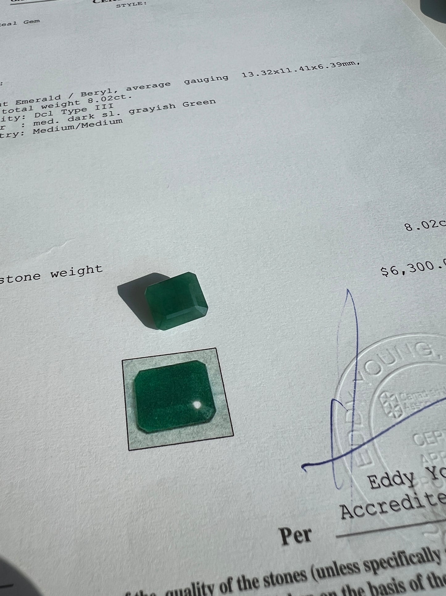 8.02 carats Natural Zambian Emerald with the Appraisal certificate