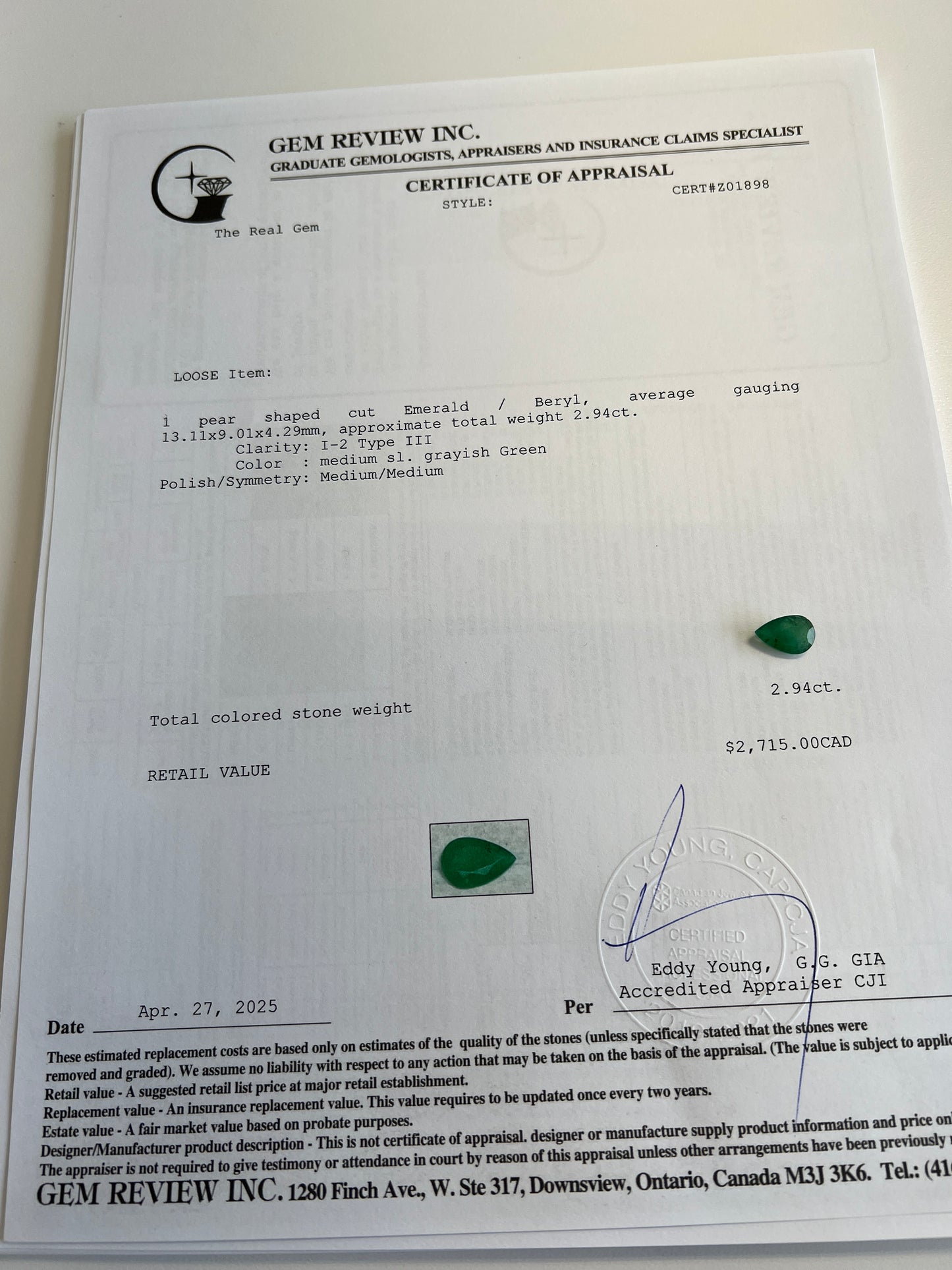 Natural Zambian Emerald - 2.94 carats pear shape