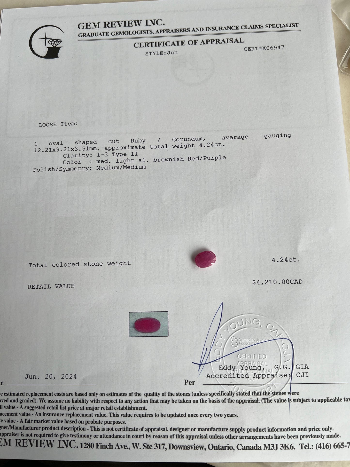 Natural Ruby 4.24 carats oval - certified appraisal report
