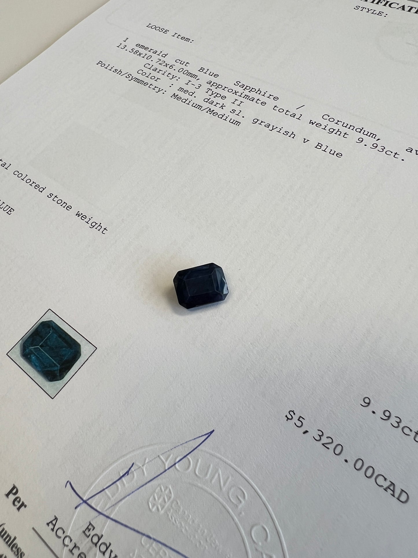 9.93 carats Natural Blue sapphire with the certificate. Non-treated