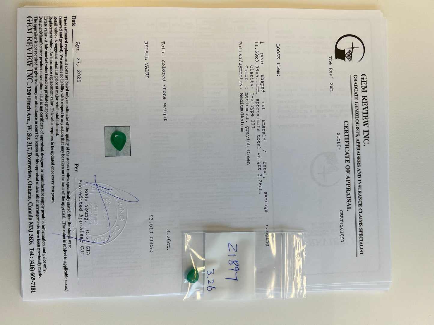 3.26 carats Natural Zambian Emerald pear shaped - certified