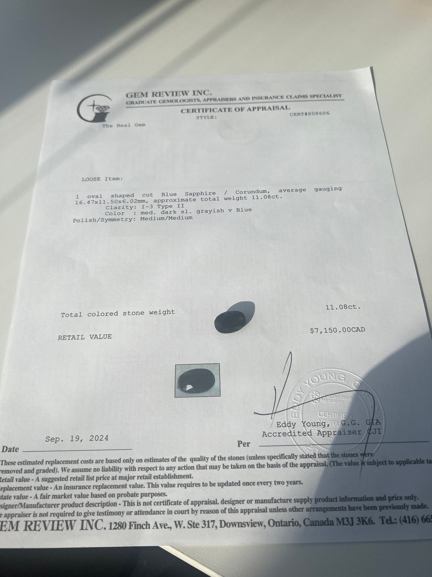 11.08 carats Natural Blue sapphire large oval - appraisal certificate