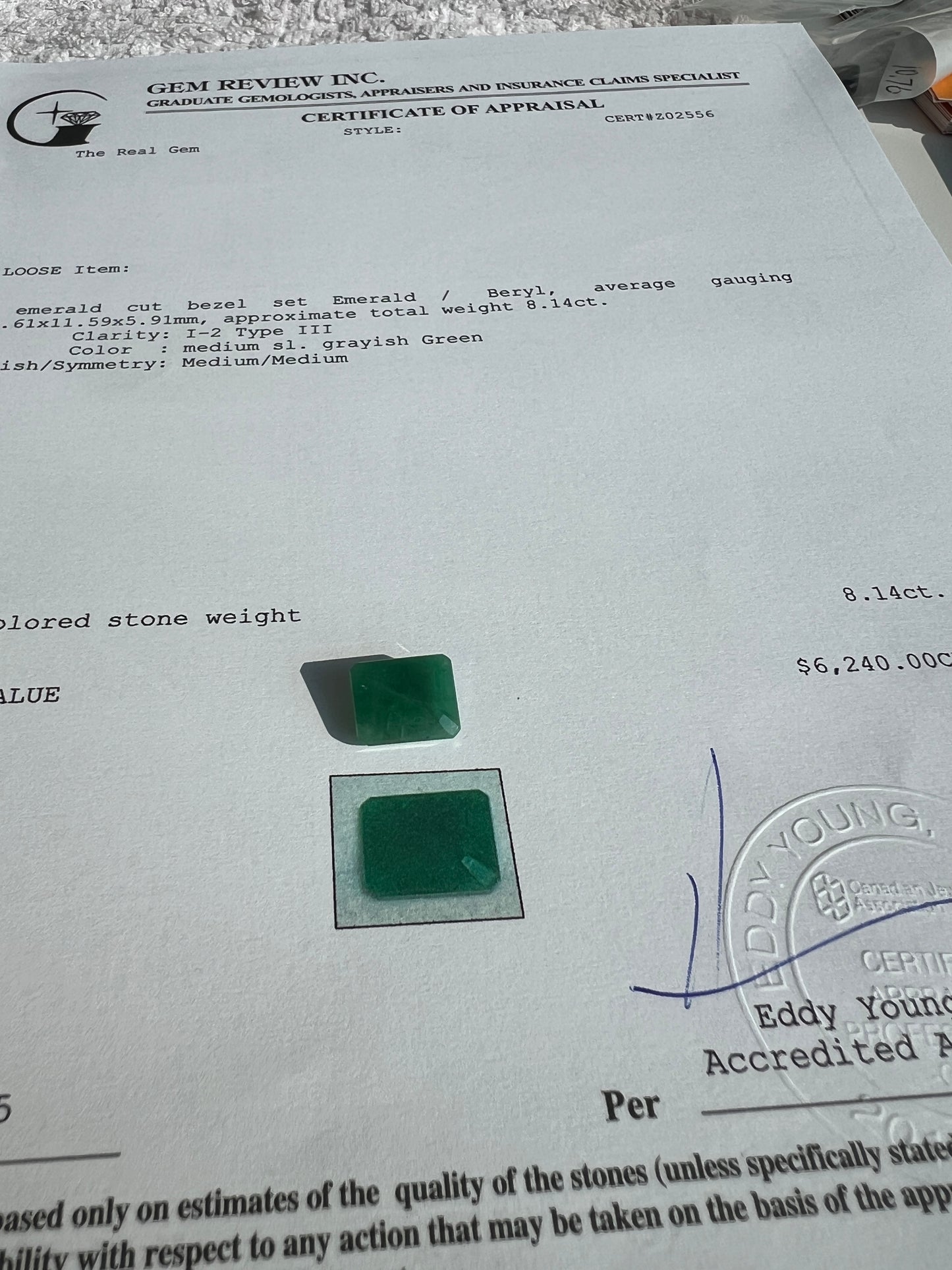 8.14 carats Natural Zambian Emerald with the appraisal certificate