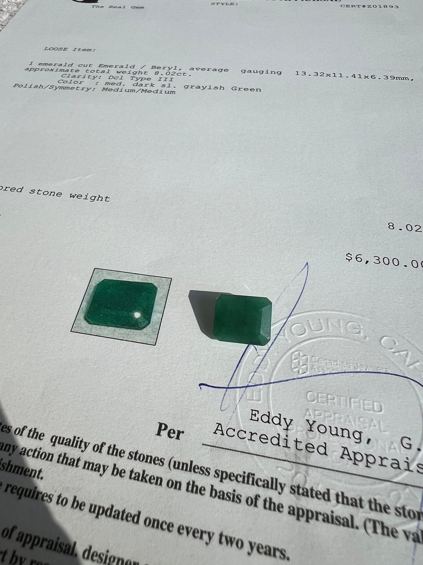 8.02 carats Natural Zambian Emerald with the Appraisal certificate