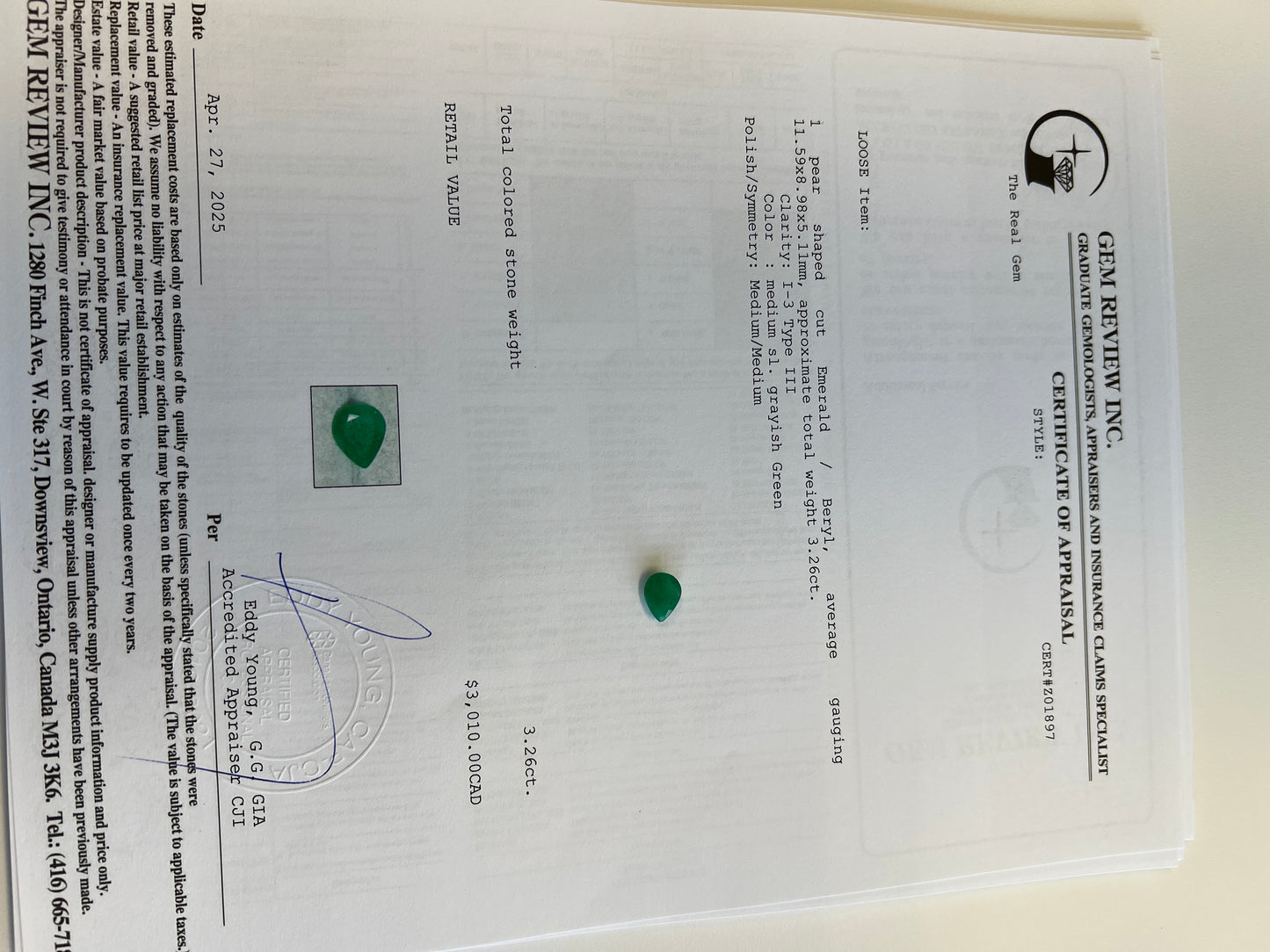 3.26 carats Natural Zambian Emerald pear shaped - certified