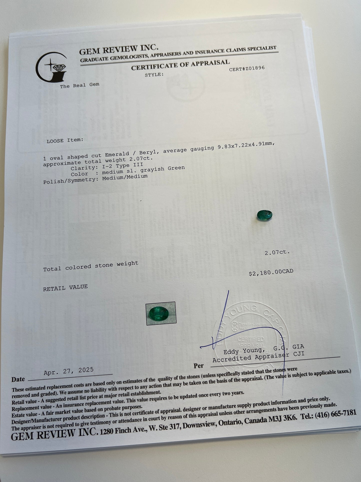 2.07 carats natural oval Zambian Emerald - deep green(certified)
