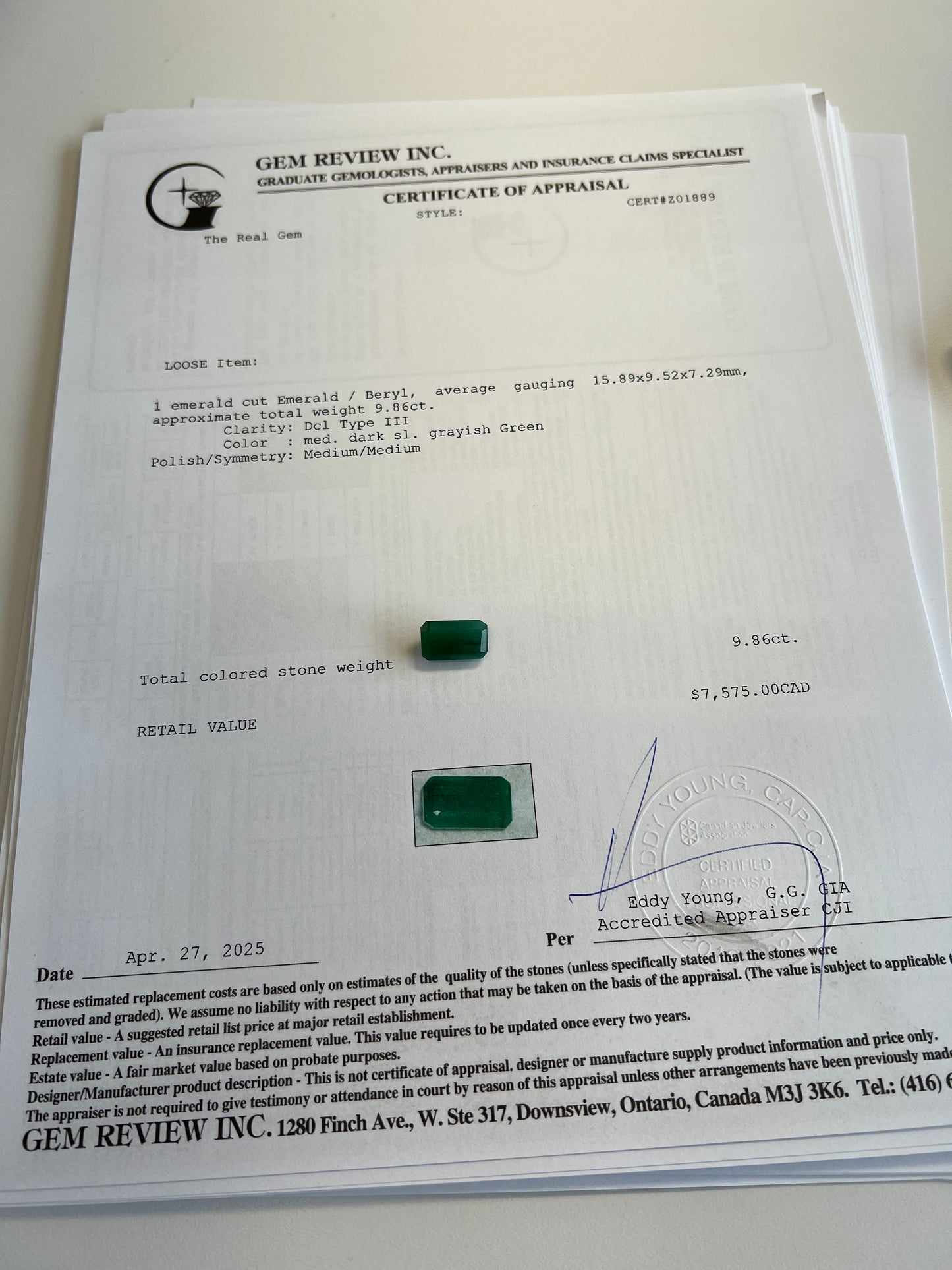 Natural zambian emerald 9.86 carats huge size certified with the appraisal