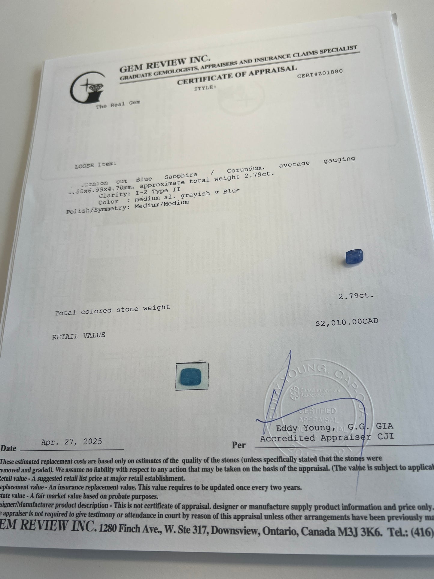 Natural ceylon 2.79 carats blue sapphire - sri lankan with the appraisal certificate