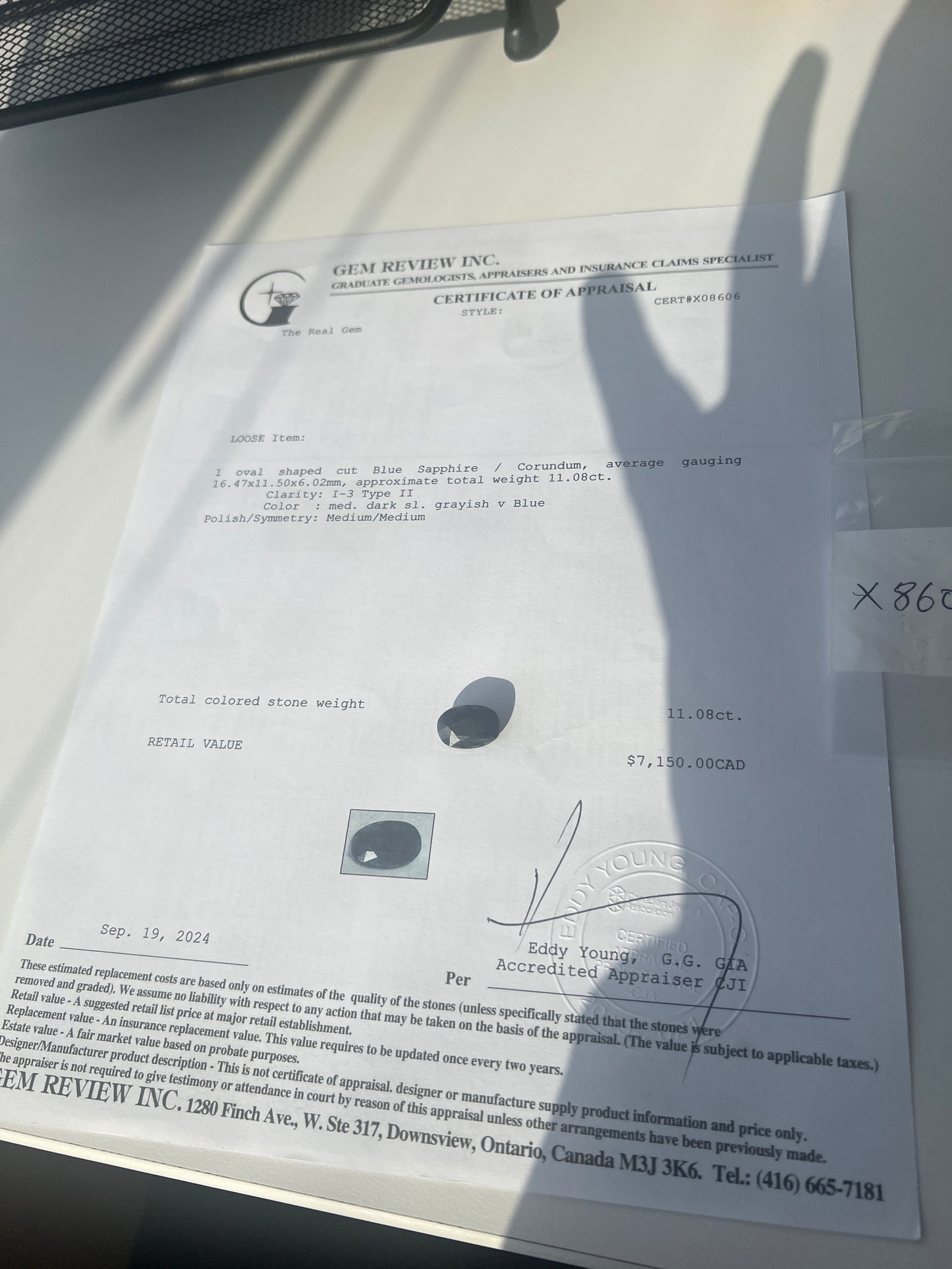 11.08 carats Natural Blue sapphire large oval - appraisal certificate