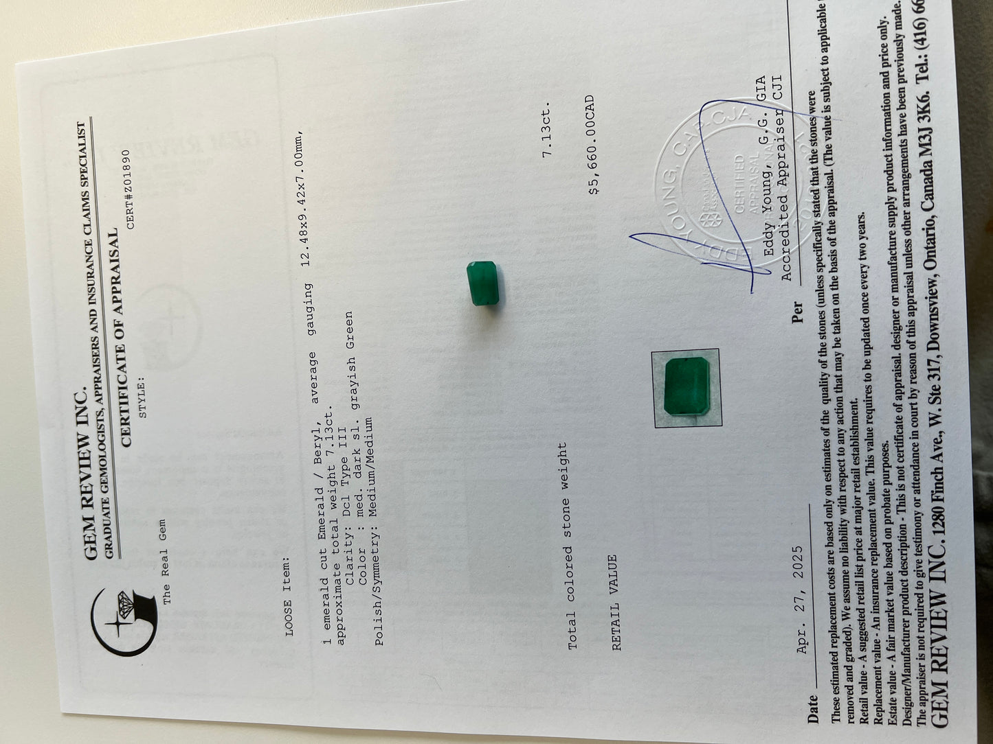 7.13 carats Natural Zambian Emerald- certified