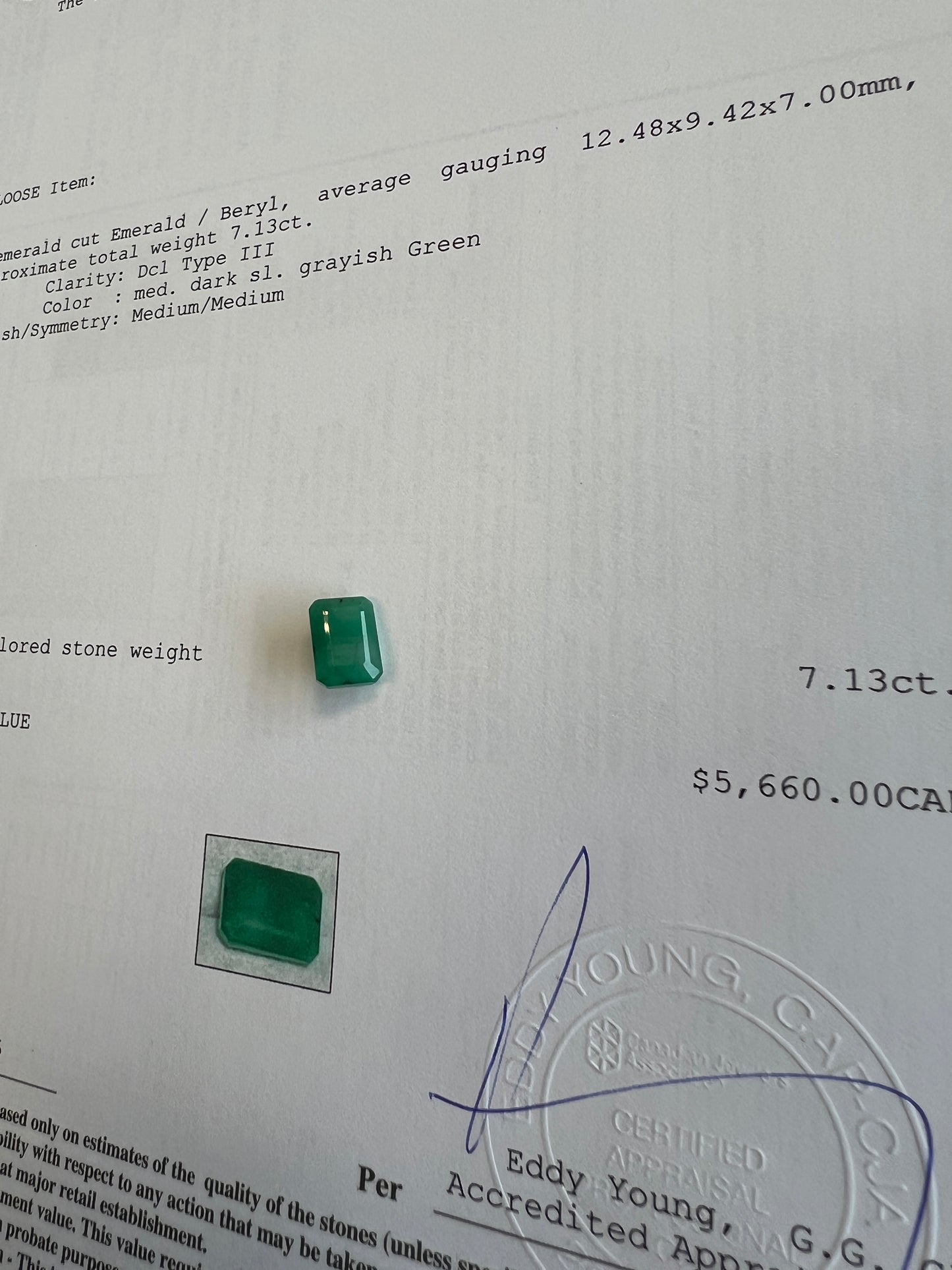 7.13 carats Natural Zambian Emerald- certified