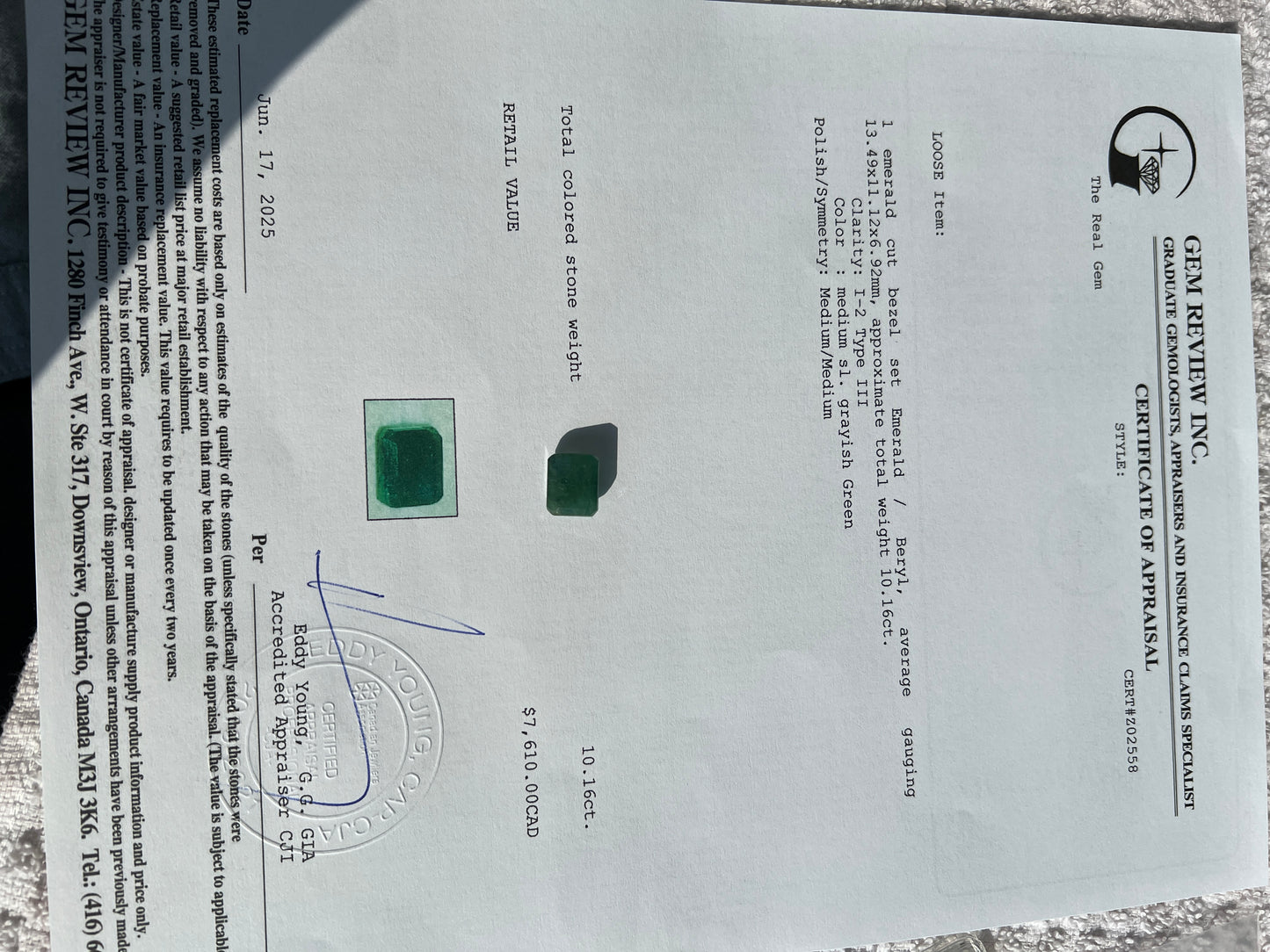10.16 carats natural zambian Emerald with appraisal