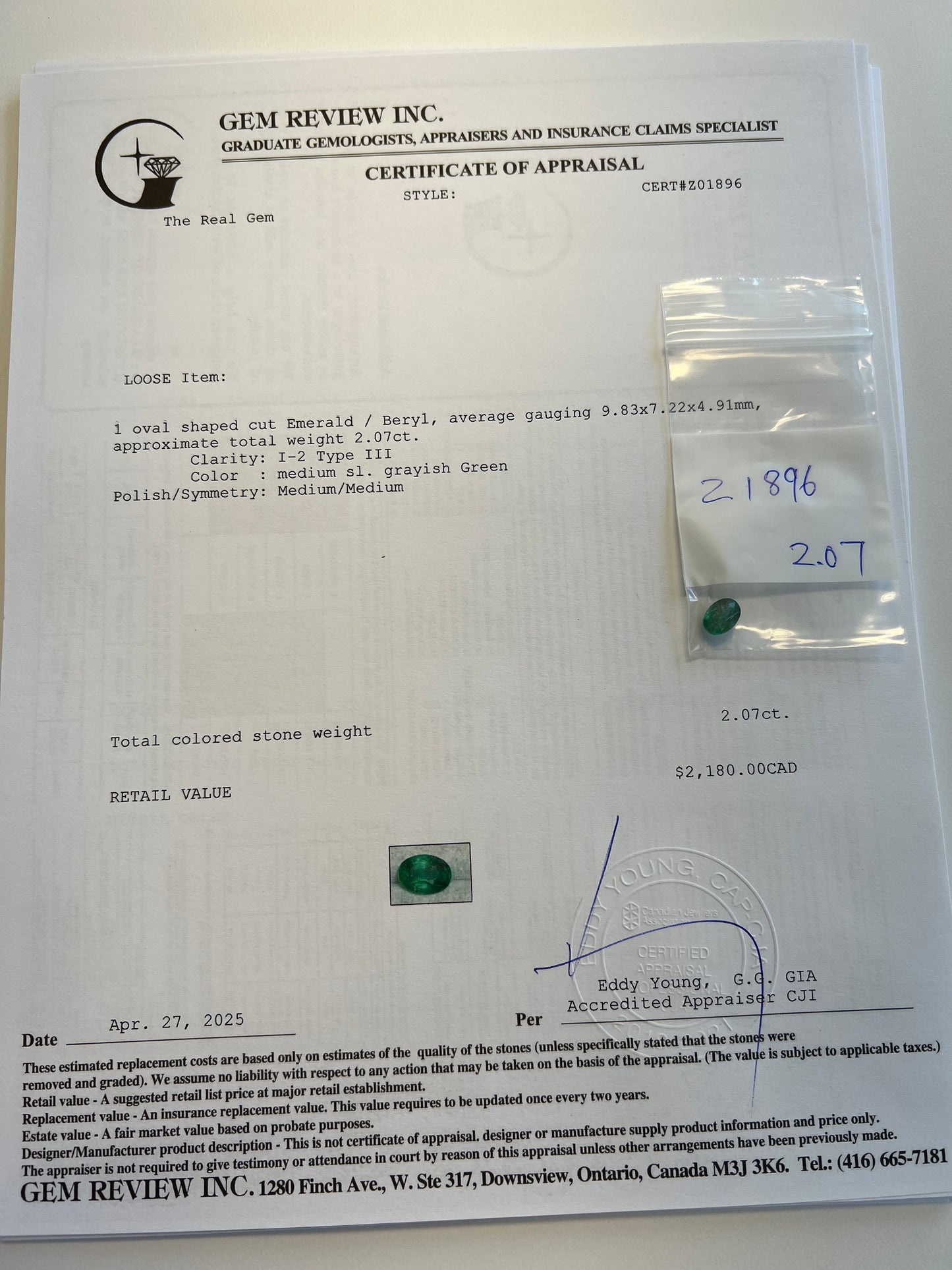 2.07 carats natural oval Zambian Emerald - deep green(certified)