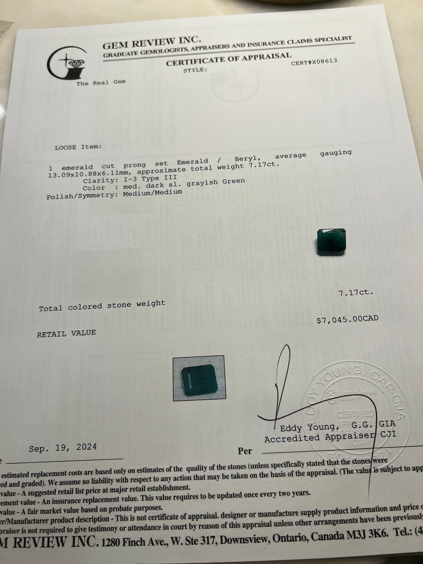 Natural Zambian Emerald - 7.17 Carat Emerald Cut - GIA/CJA Appraised