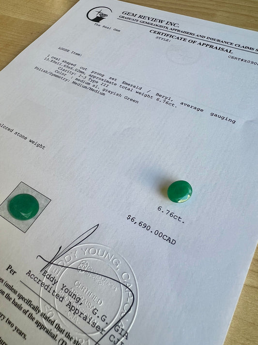 6.76 carats natural Zambian emerald oval cut