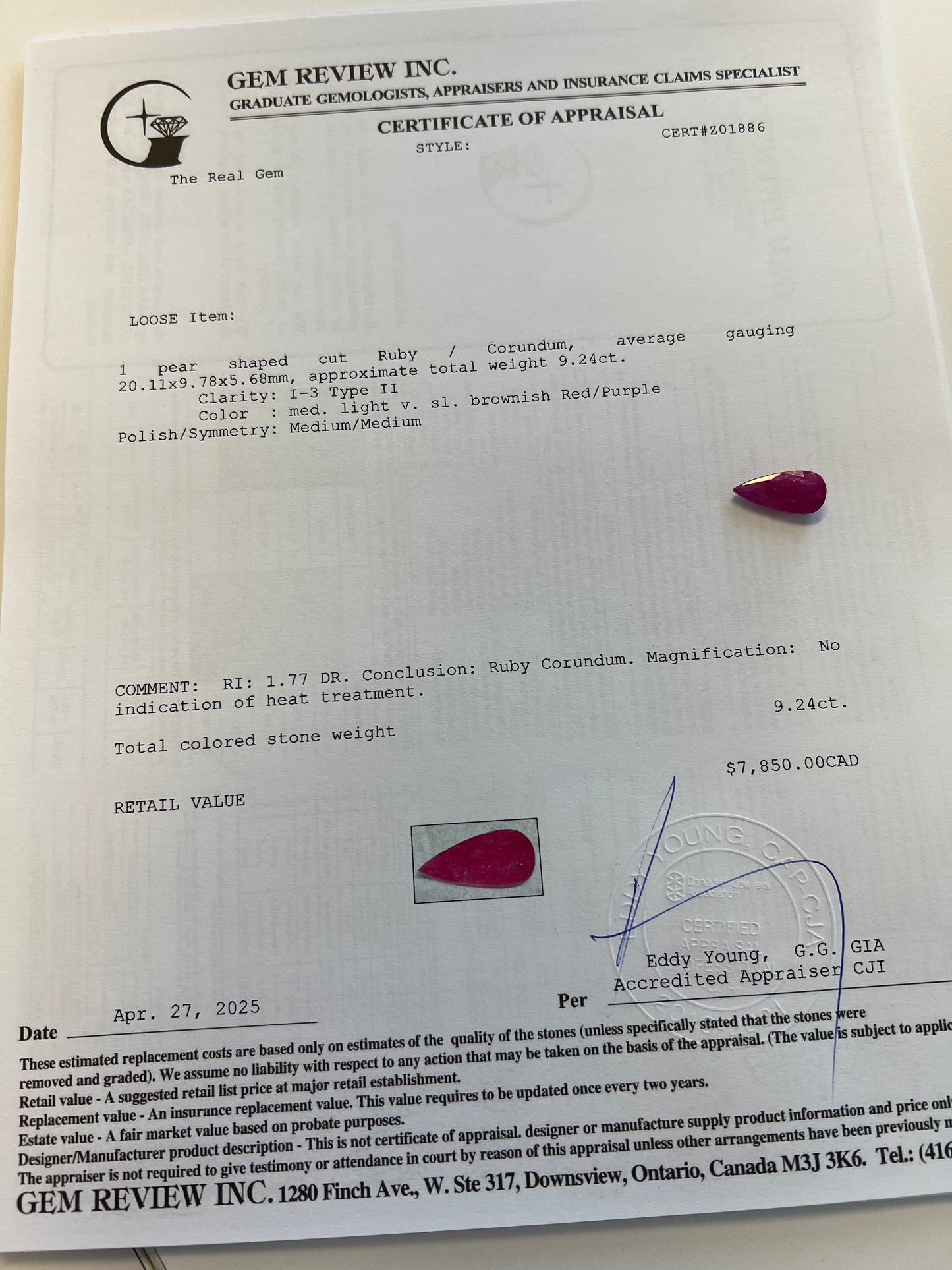Natural Ruby 9.24 carats pear shape